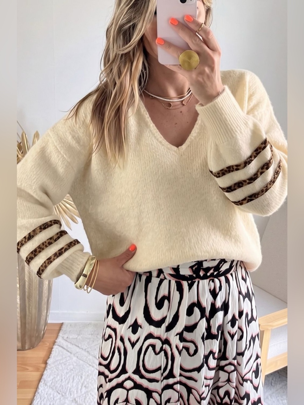 Leopard Striped  V-Neck Sweater